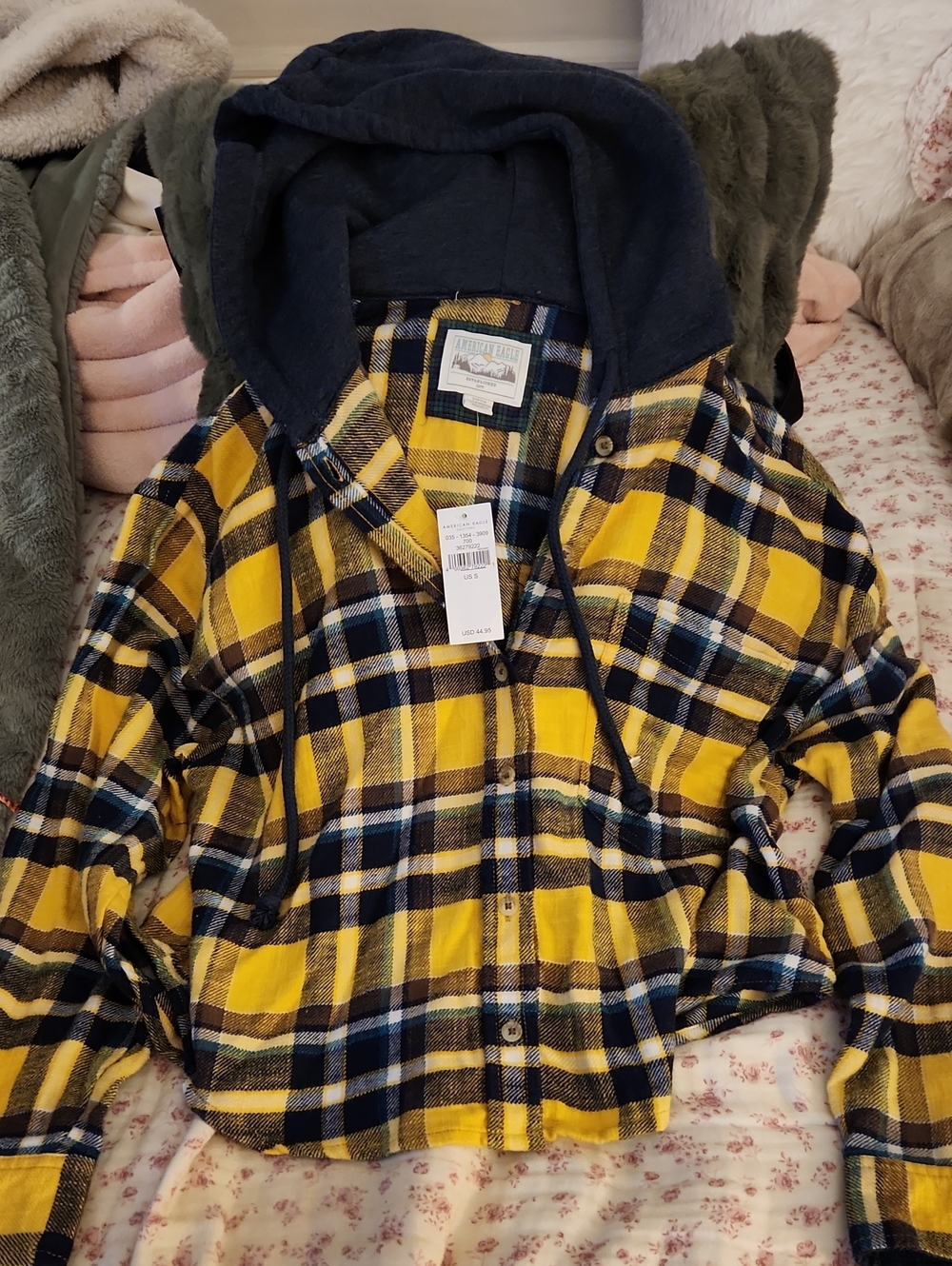 American Eagle Outfitters Yellow & Navy Plaid Hooded Shirt Jacket